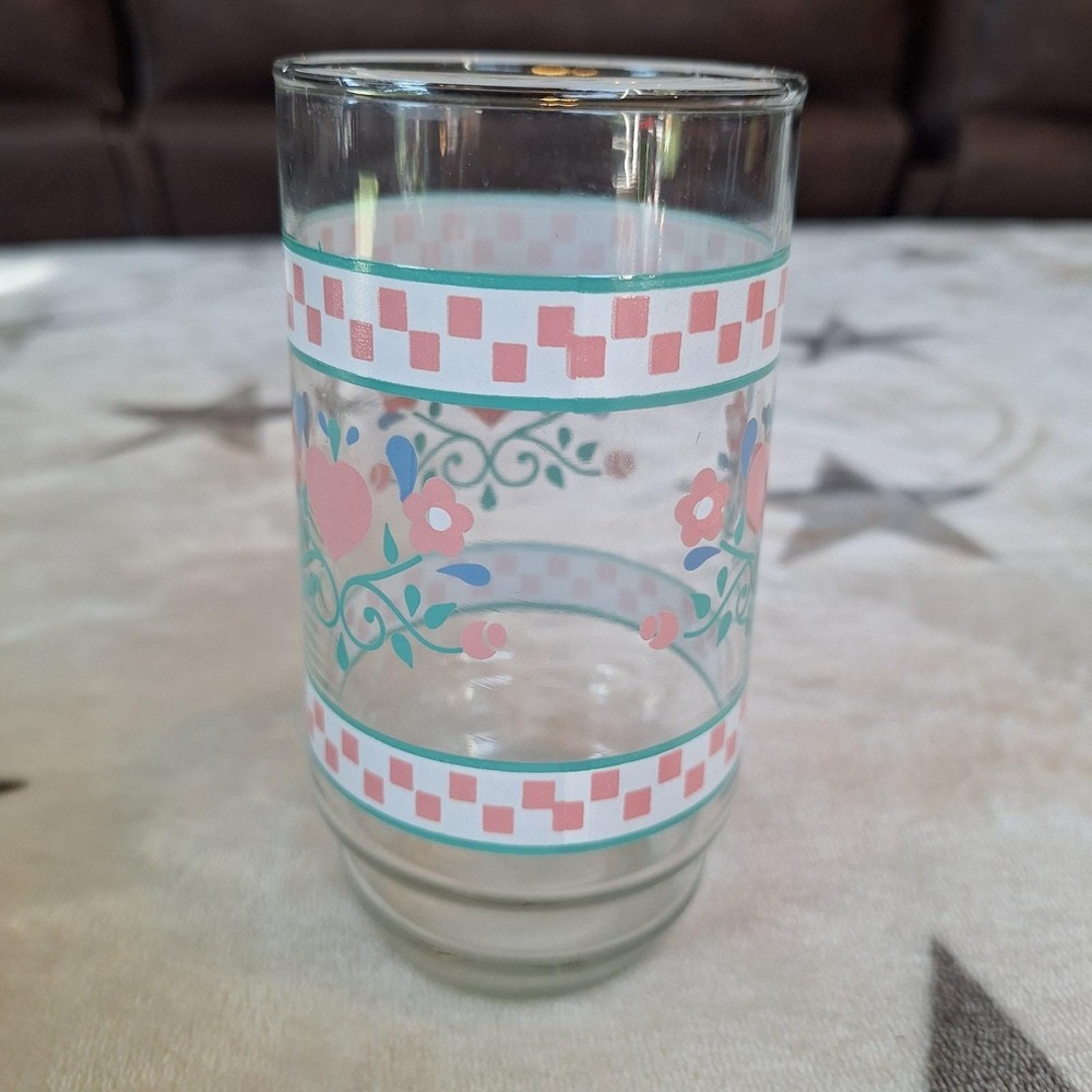Vintage Country Pink Hearts & Checkerboard Drinking Glasses Indiana Glass Co.